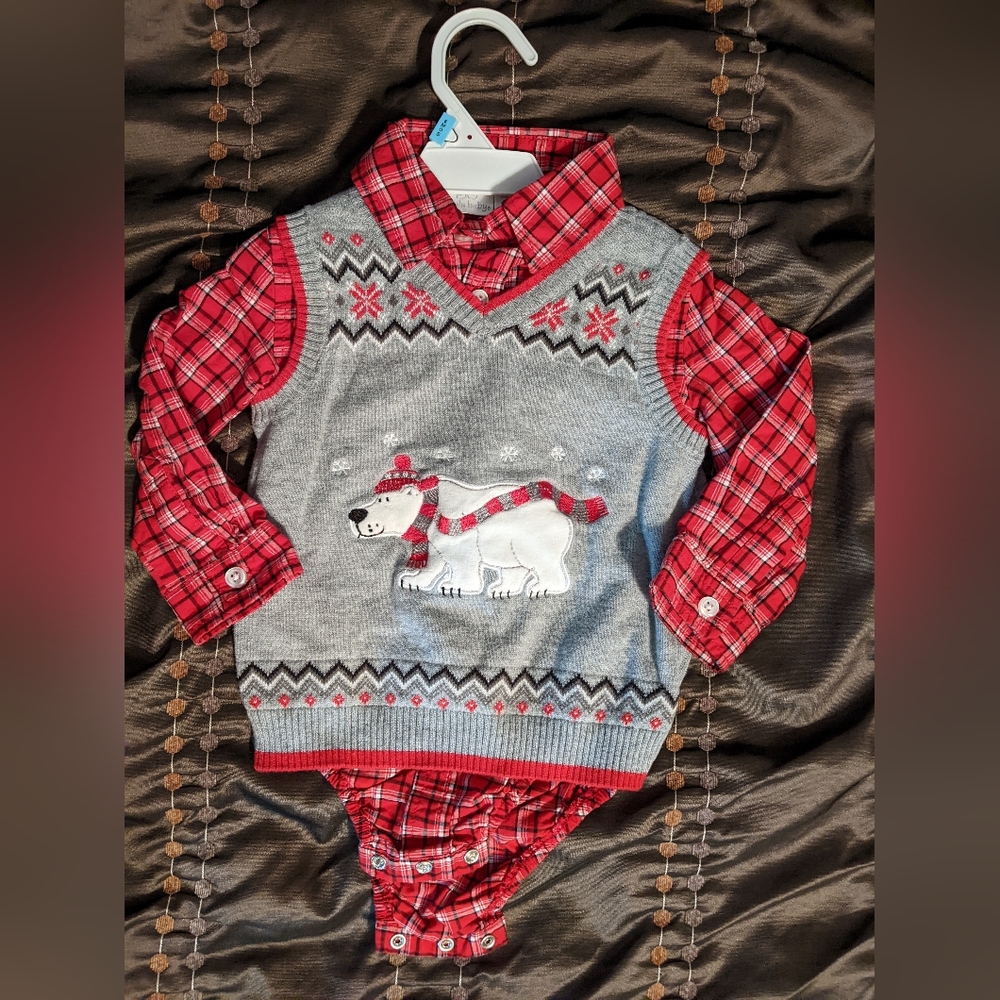18 Months Christmas button down onesie/sweater vest combo